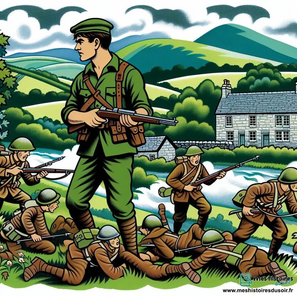Une illustration destinée aux enfants représentant un homme courageux se battant sur le front, accompagné de ses camarades et entouré de collines verdoyantes et de maisons en pierre dans un petit village paisible.