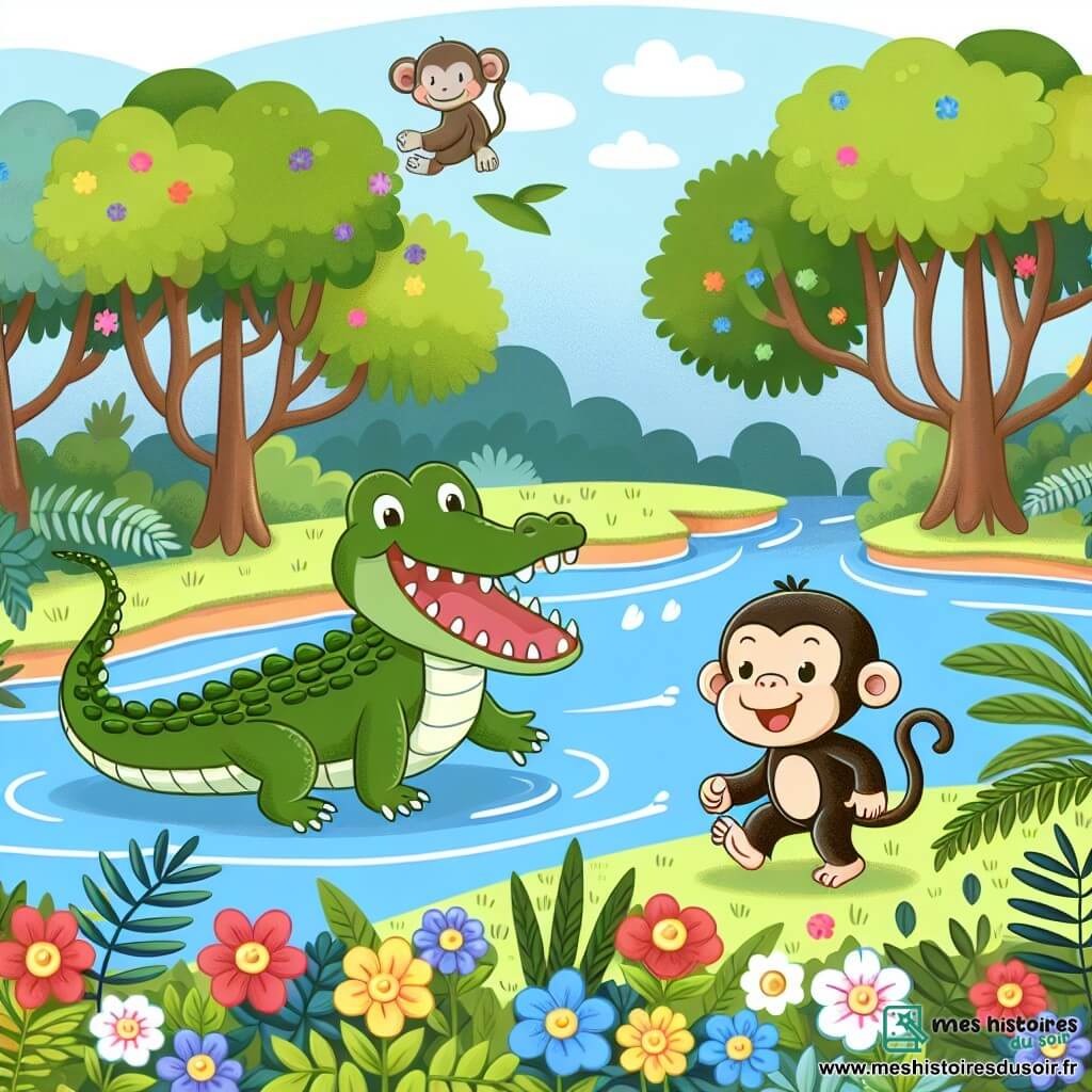 Une illustration destinée aux enfants représentant un crocodile rieur se promenant le long d'une rivière, accompagné d'un singe curieux, dans une forêt luxuriante aux arbres touffus et aux fleurs multicolores.