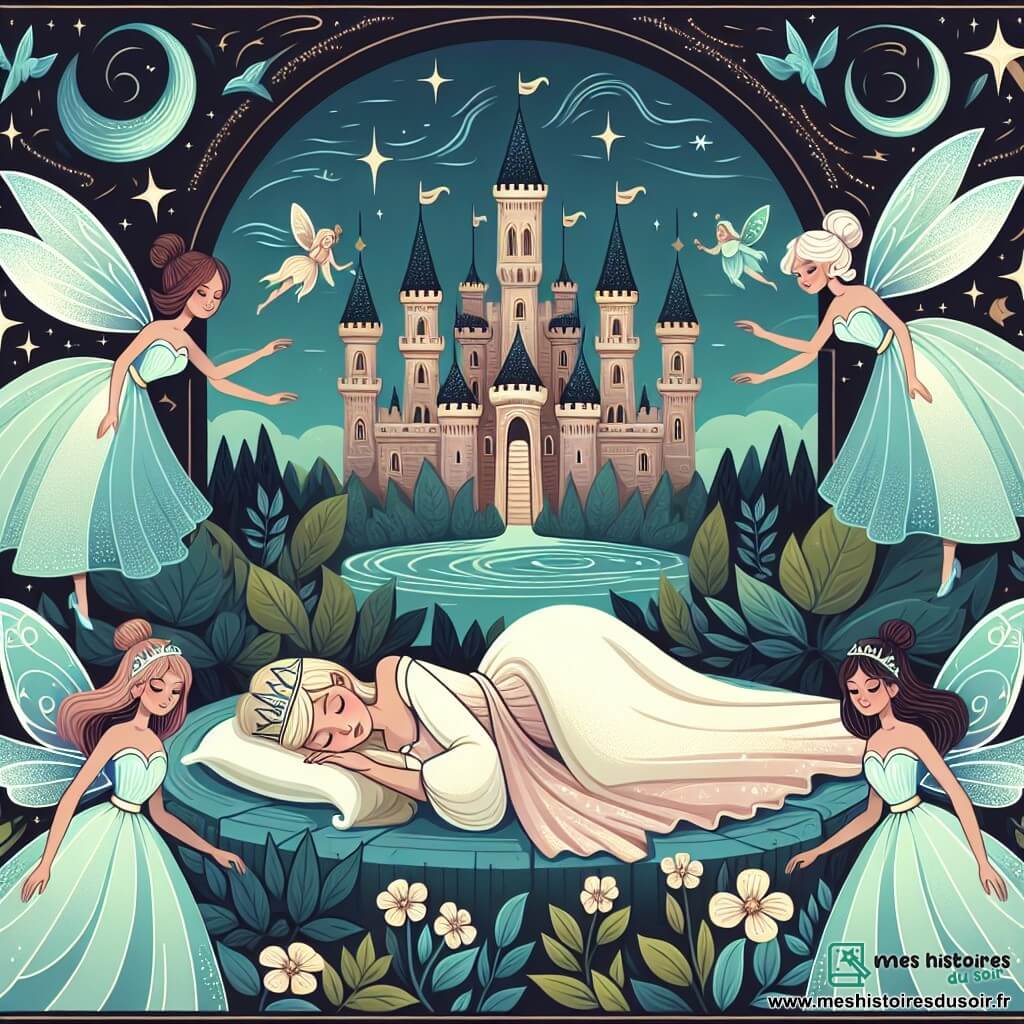Une illustration destinée aux enfants représentant une belle princesse endormie, unisexe, plongée dans un sommeil éternel suite à un sortilège maléfique, accompagnée de trois fées bienveillantes aux ailes chatoyantes, toutes des filles, dans un château féerique orné de tours scintillantes et de jardins enchantés.