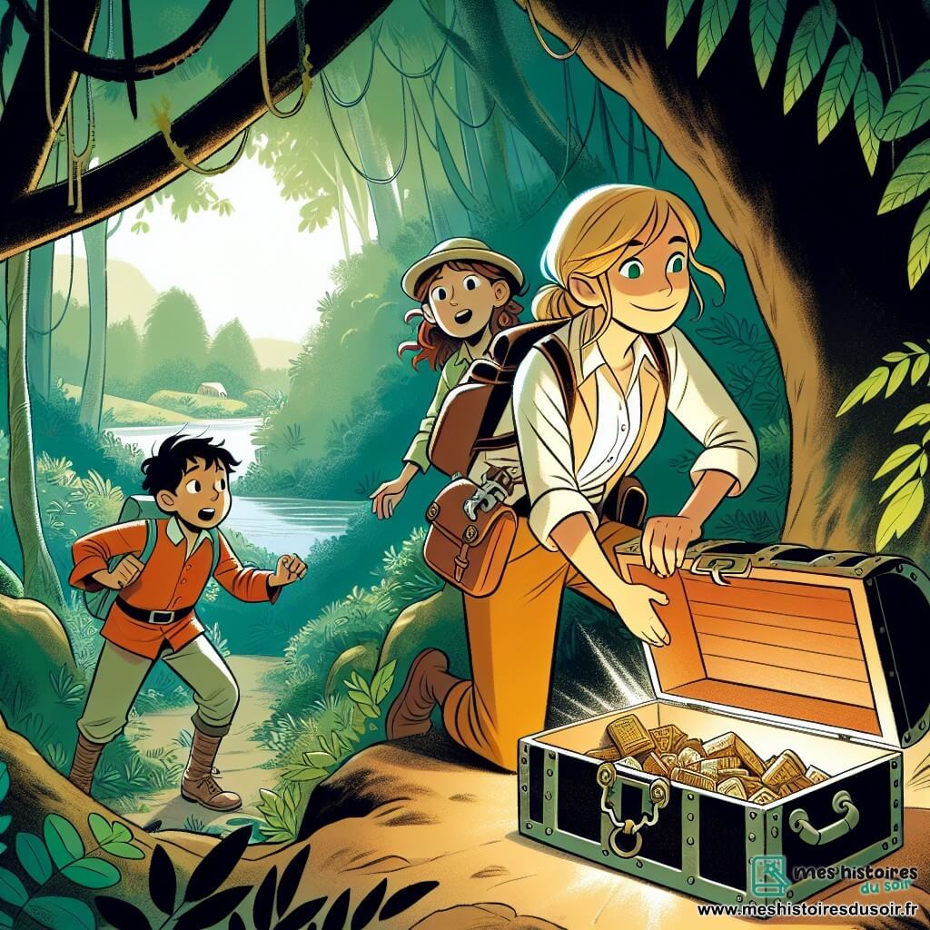 Une illustration destinée aux enfants représentant une jeune femme archéologue passionnée, accompagnée d'une fille et d'un garçon, découvrant un coffre ancien au cœur d'une forêt dense et mystérieuse de la ville pittoresque de Bellecombe.