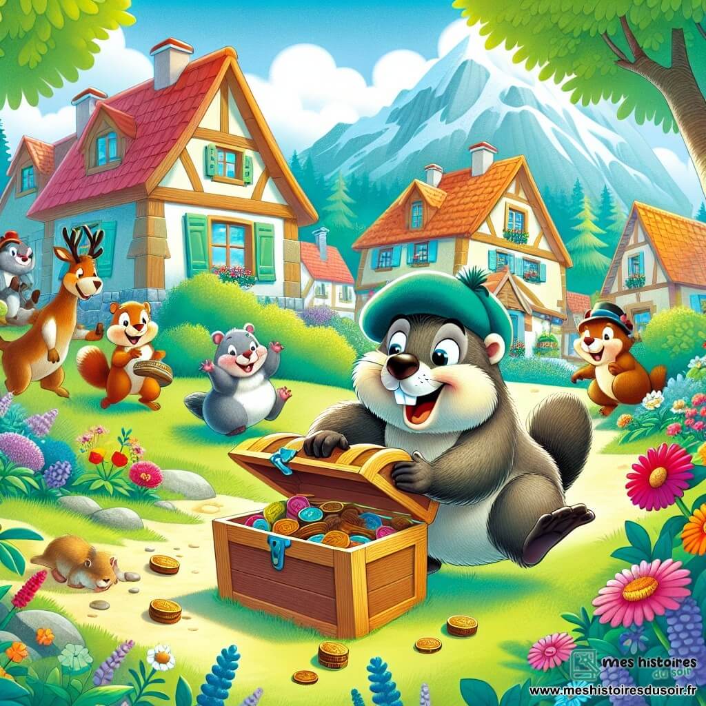 Une illustration destinée aux enfants représentant une marmotte espiègle jouant des tours à ses amis animaux lors d'une chasse au trésor pleine de surprises, dans la charmante ville de Bois-Chéri, entourée de verdure et de fleurs colorées.