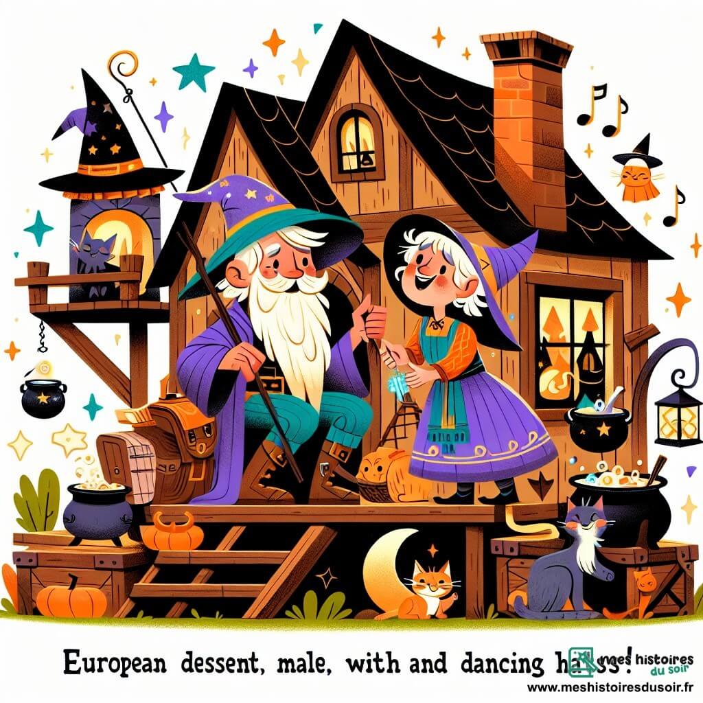Une illustration destinée aux enfants représentant un sorcier farfelu en quête d'ordre magique, accompagné de sa fidèle amie sorcière et de leur chat malicieux, dans une hutte enchantée aux chaudrons chantants et aux chapeaux dansants.