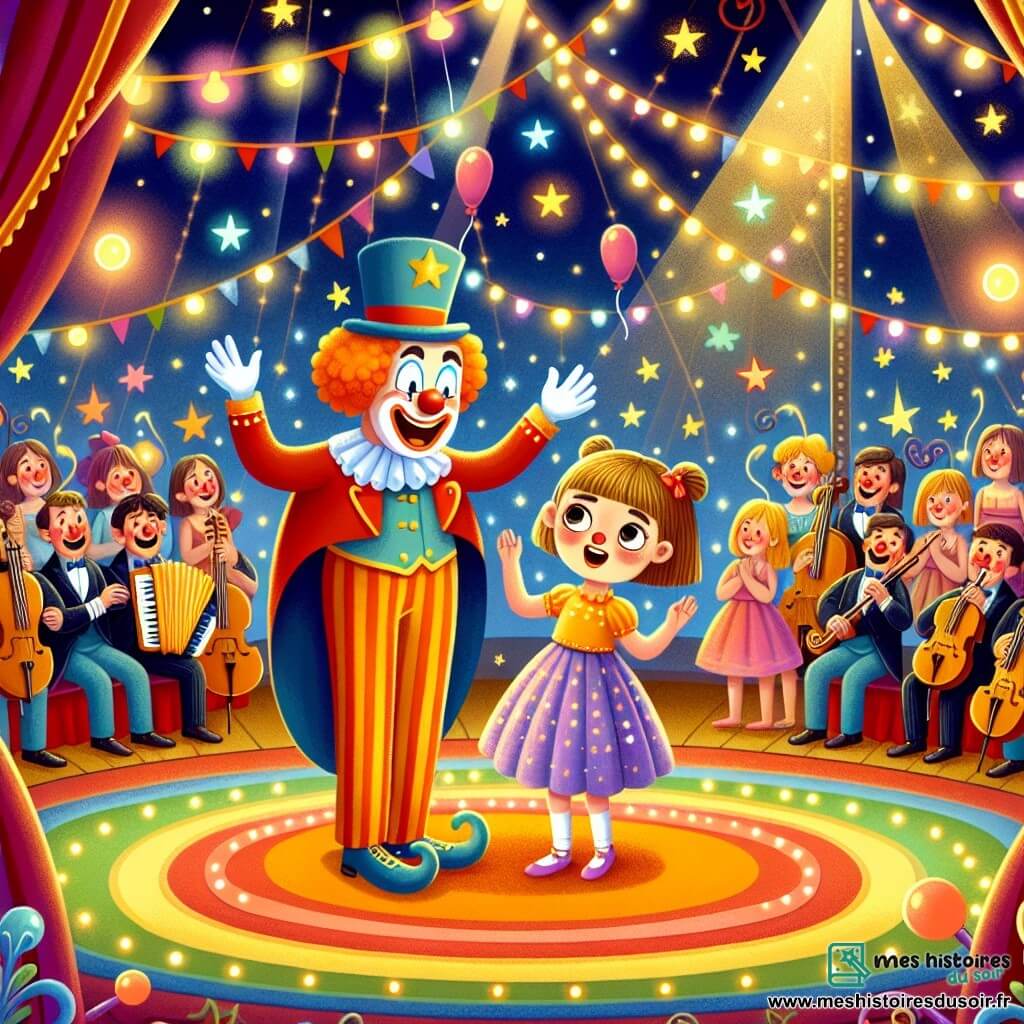 Une illustration destinée aux enfants représentant une fillette émerveillée par un clown rigolo dans un grand chapiteau de cirque, entourée de lumières colorées et de musiciens joyeux.