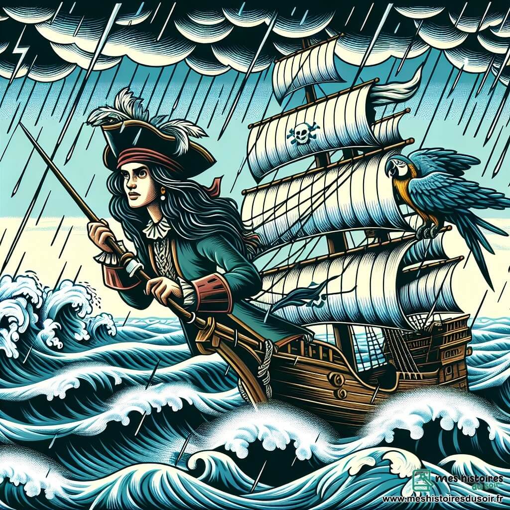 Une illustration destinée aux enfants représentant une courageuse capitaine pirate (femme) affrontant une tempête sur son navire, accompagnée de son fidèle perroquet (garçon), voguant à travers des mers tumultueuses aux vagues déferlantes et au ciel déchiré par l'orage.