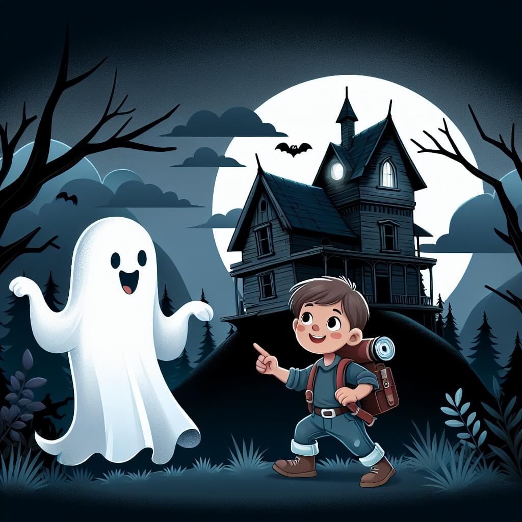 Une illustration destinée aux enfants représentant un fantôme farceur, accompagné d'un jeune explorateur curieux, dans une maison hantée abandonnée, perchée au sommet d'une colline, entourée d'arbres sombres et d'une brume mystérieuse.