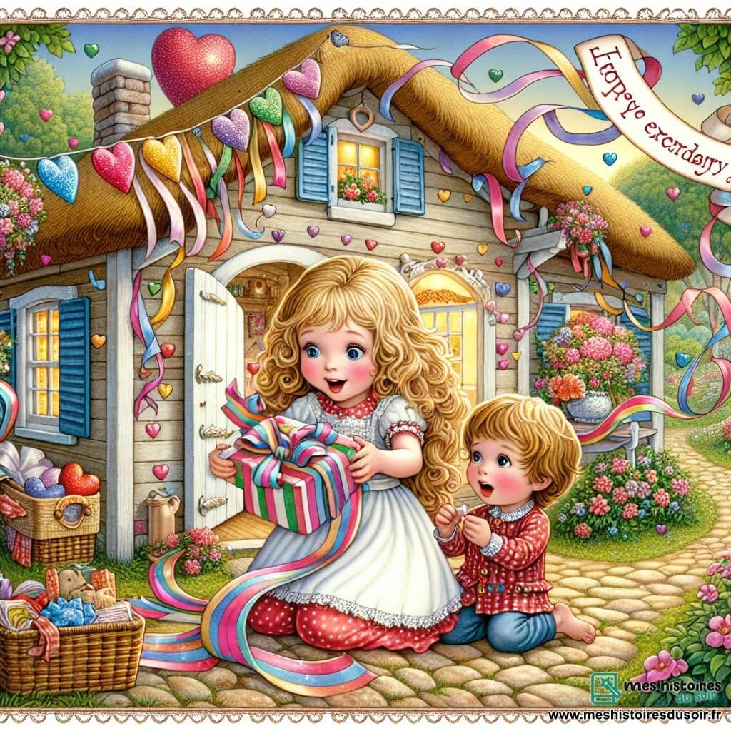 Une illustration destinée aux enfants représentant une fillette aux boucles blondes, préparant une surprise extraordinaire pour sa maman chérie avec l'aide complice de son petit frère, dans une petite maison de Pommeville décorée de guirlandes multicolores et de cœurs en papier scintillants.