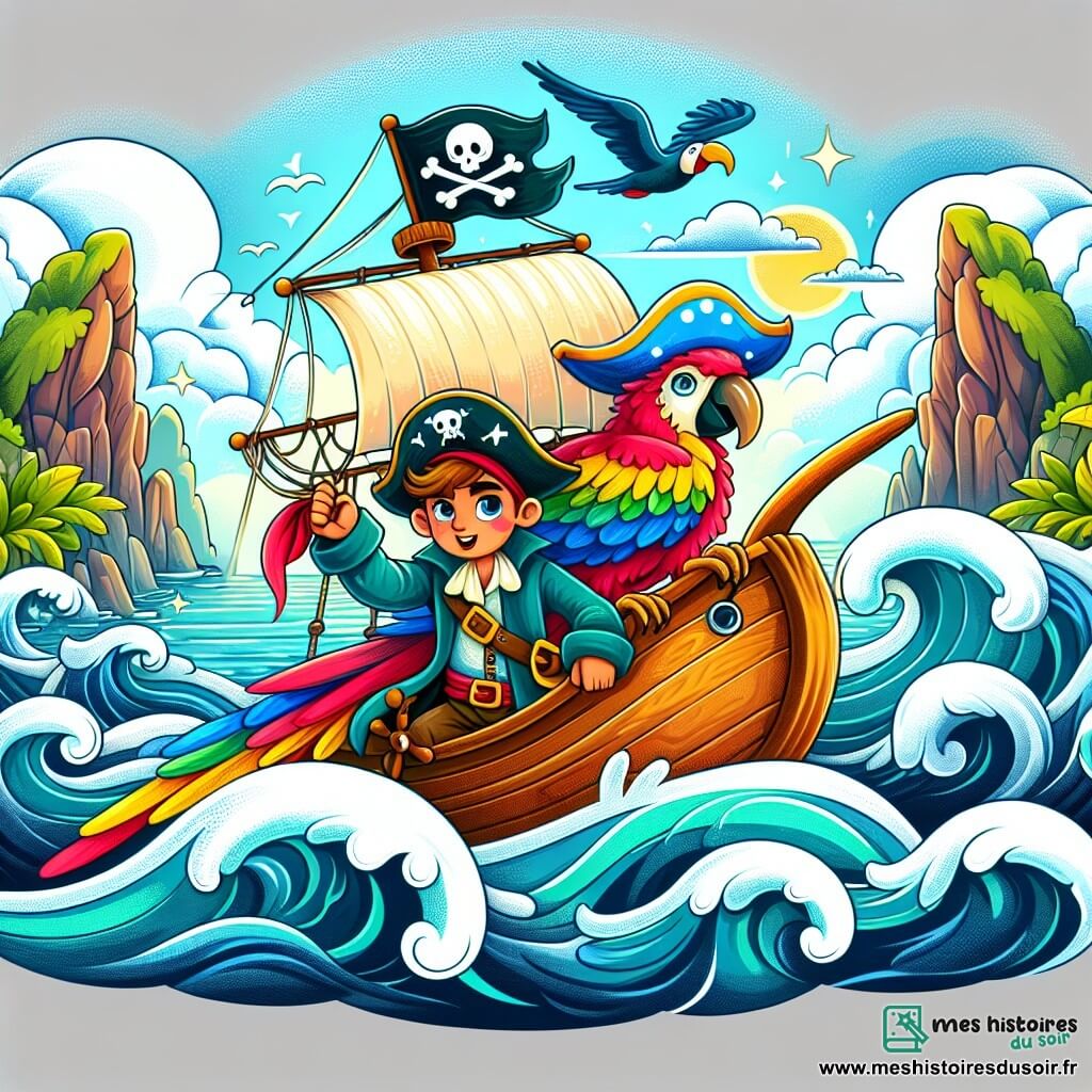 Une illustration destinée aux enfants représentant un marin courageux et intrépide, un perroquet bavard et coloré, voguant à bord d'un navire pirate en direction d'une île mystérieuse entourée de vagues tumultueuses et de rochers escarpés.