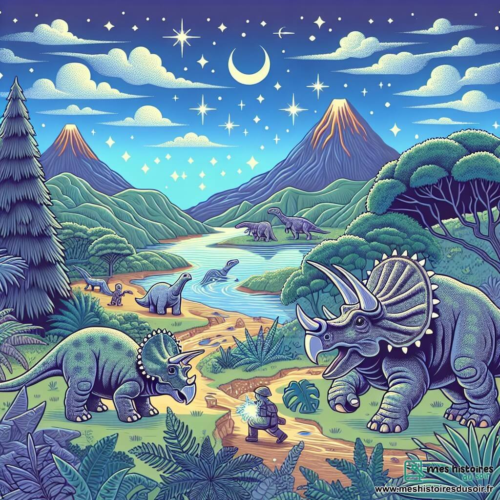 Une illustration destinée aux enfants représentant un tricératops joyeux et curieux se préparant pour un grand tournoi des dinosaures, accompagné d'un sage tricératops plus âgé, dans une vallée verdoyante parsemée de volcans endormis et de rivières scintillantes.