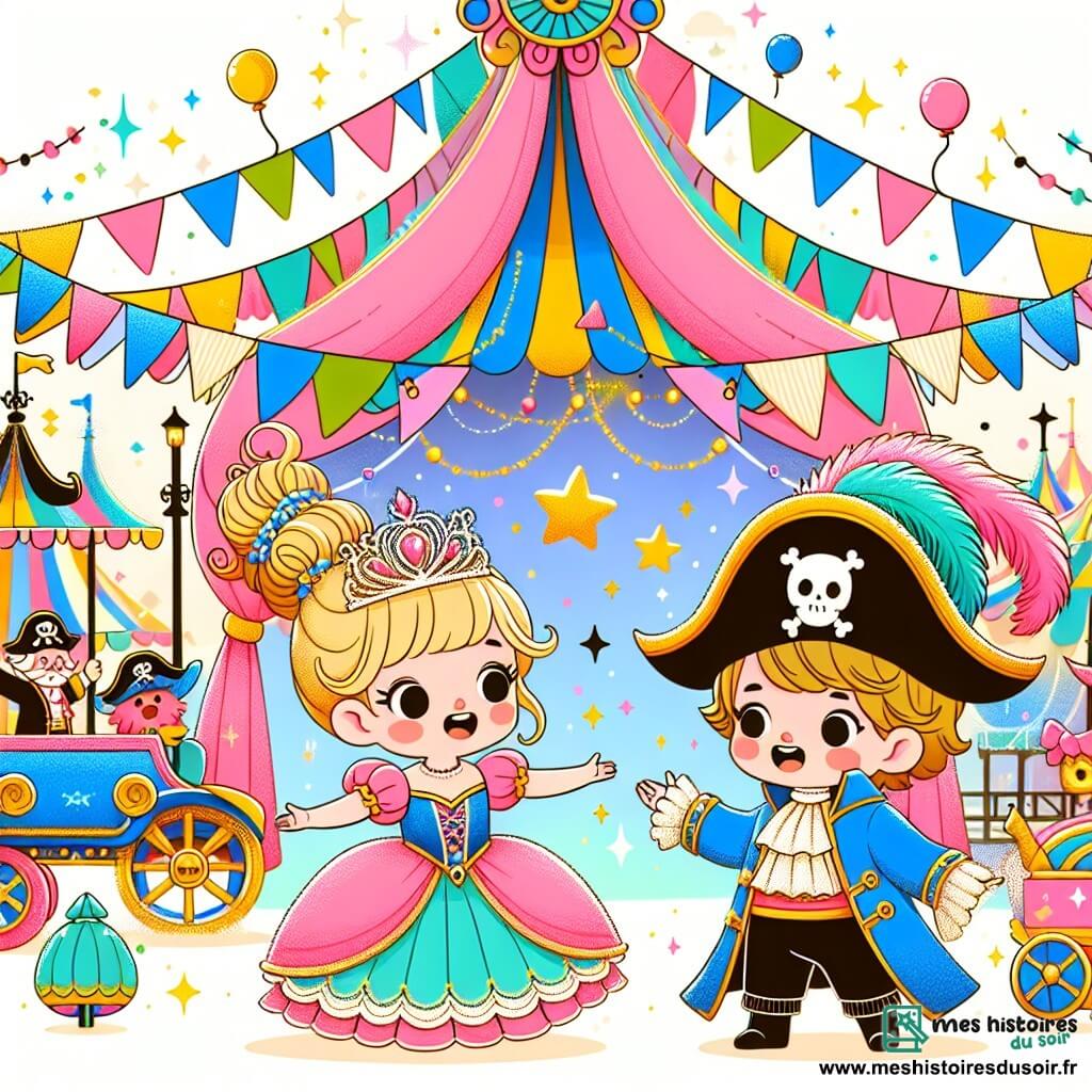 Une illustration destinée aux enfants représentant une petite fille en robe de princesse, vivant des aventures magiques avec son ami garçon déguisé en pirate, au cœur d'un carnaval coloré et animé.