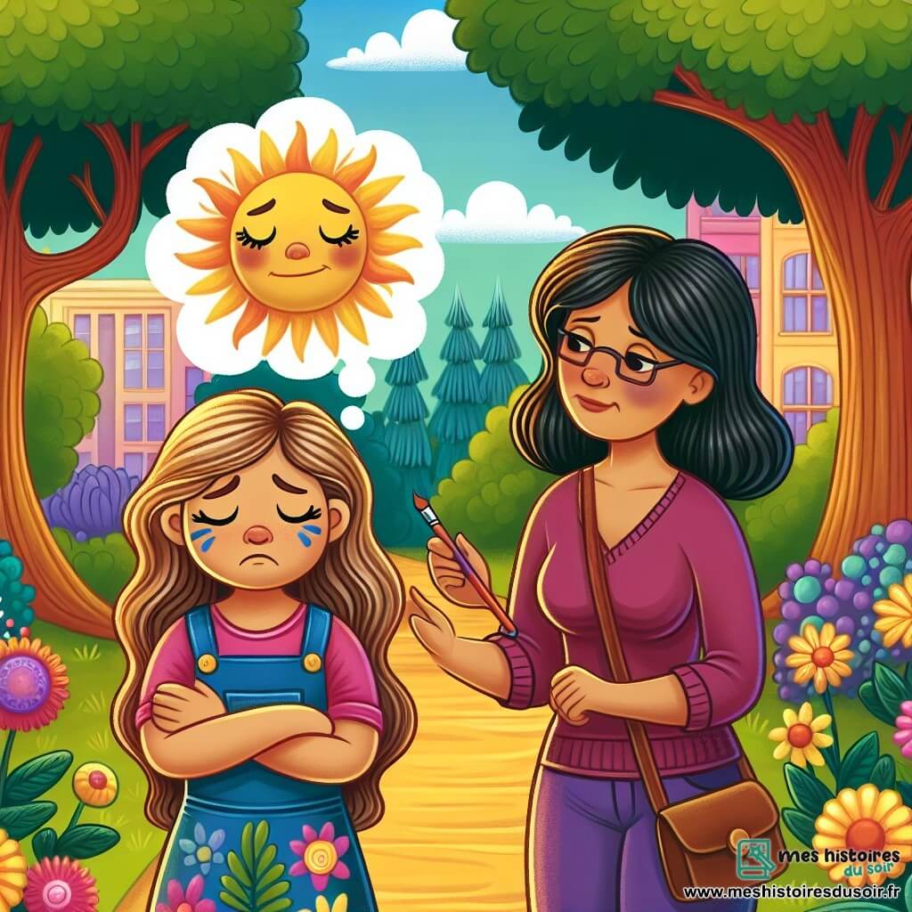 Une illustration destinée aux enfants représentant une petite fille pleine de doutes face à son talent artistique, accompagnée par sa mère bienveillante, dans un parc ensoleillé aux arbres majestueux et aux fleurs colorées.