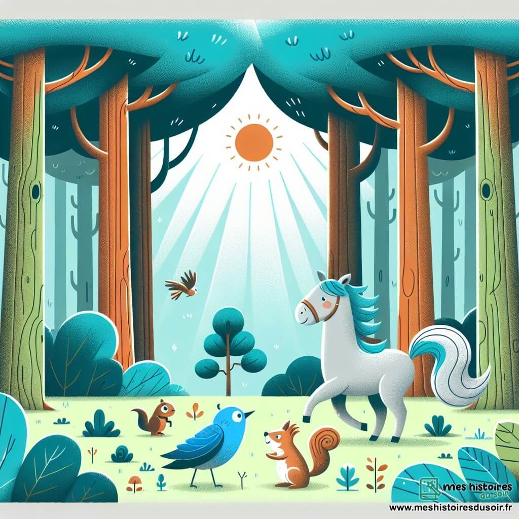 Une illustration destinée aux enfants représentant un petit cheval courageux, un oiseau bleu et un écureuil maladroit, évoluant dans une forêt enchantée aux arbres gigantesques et aux rayons de soleil dansants.