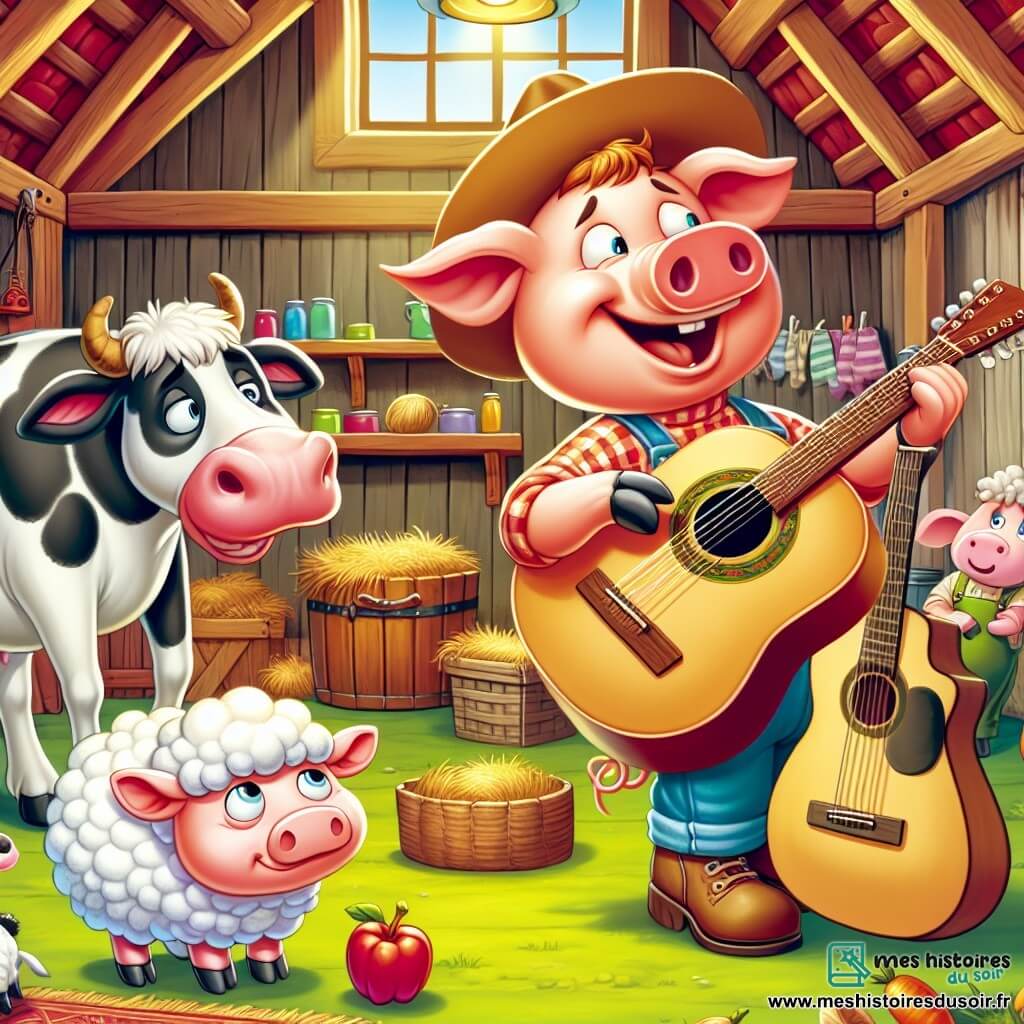 Une illustration destinée aux enfants représentant un joyeux cochon mâle découvrant une guitare dans le grenier de la ferme, avec une vache femelle sceptique et un mouton mâle enthousiaste, dans une grange colorée et animée de la campagne.
