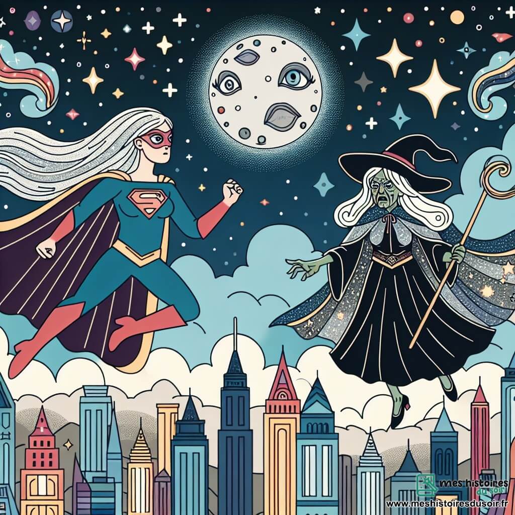 Une illustration destinée aux enfants représentant une super-héroïne aux cheveux brillants comme de l'argent, affrontant une sorcière maléfique aux yeux de serpent, dans la cité céleste de Lumina, où les étoiles scintillent dans un ciel constamment illuminé.