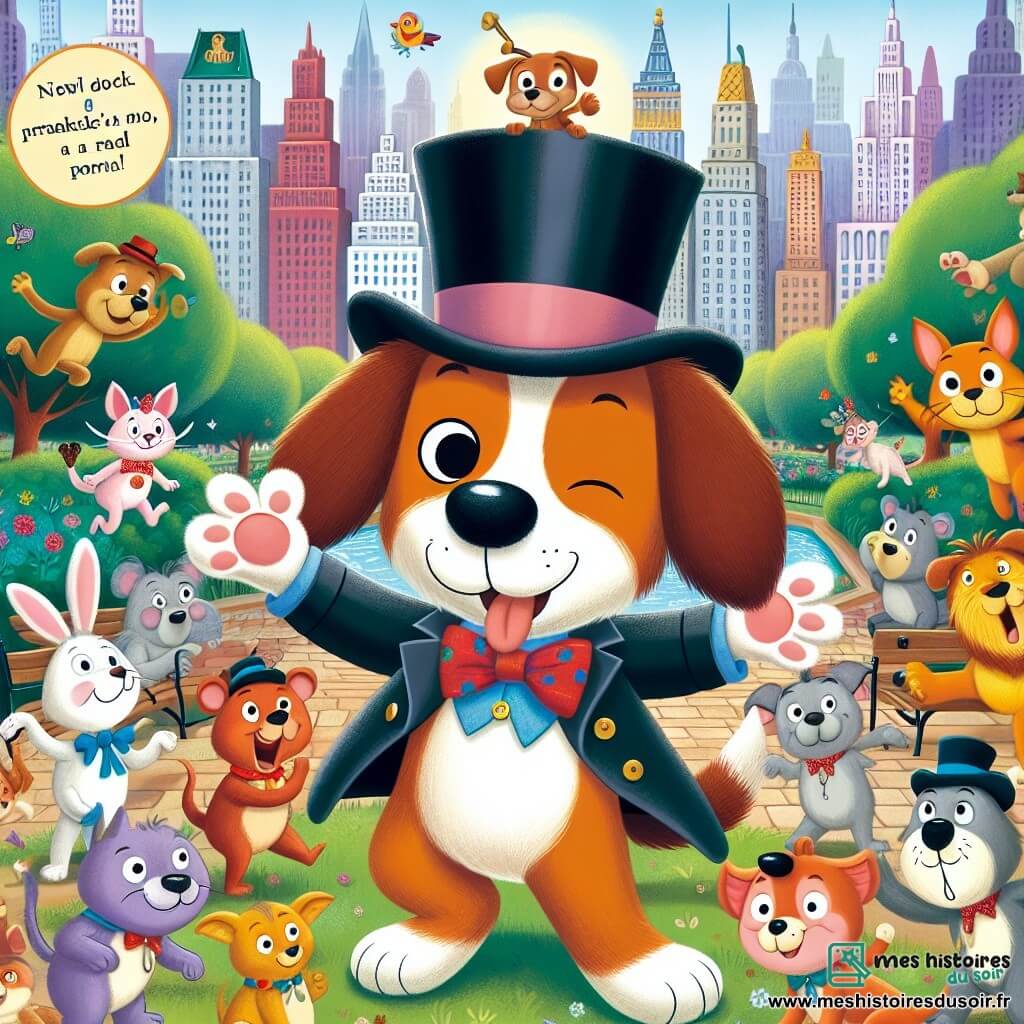 Une illustration destinée aux enfants représentant un chien espiègle et joueur, entouré de ses amis animaux farceurs, dans un parc central coloré et animé de la ville magique de Patteland.
