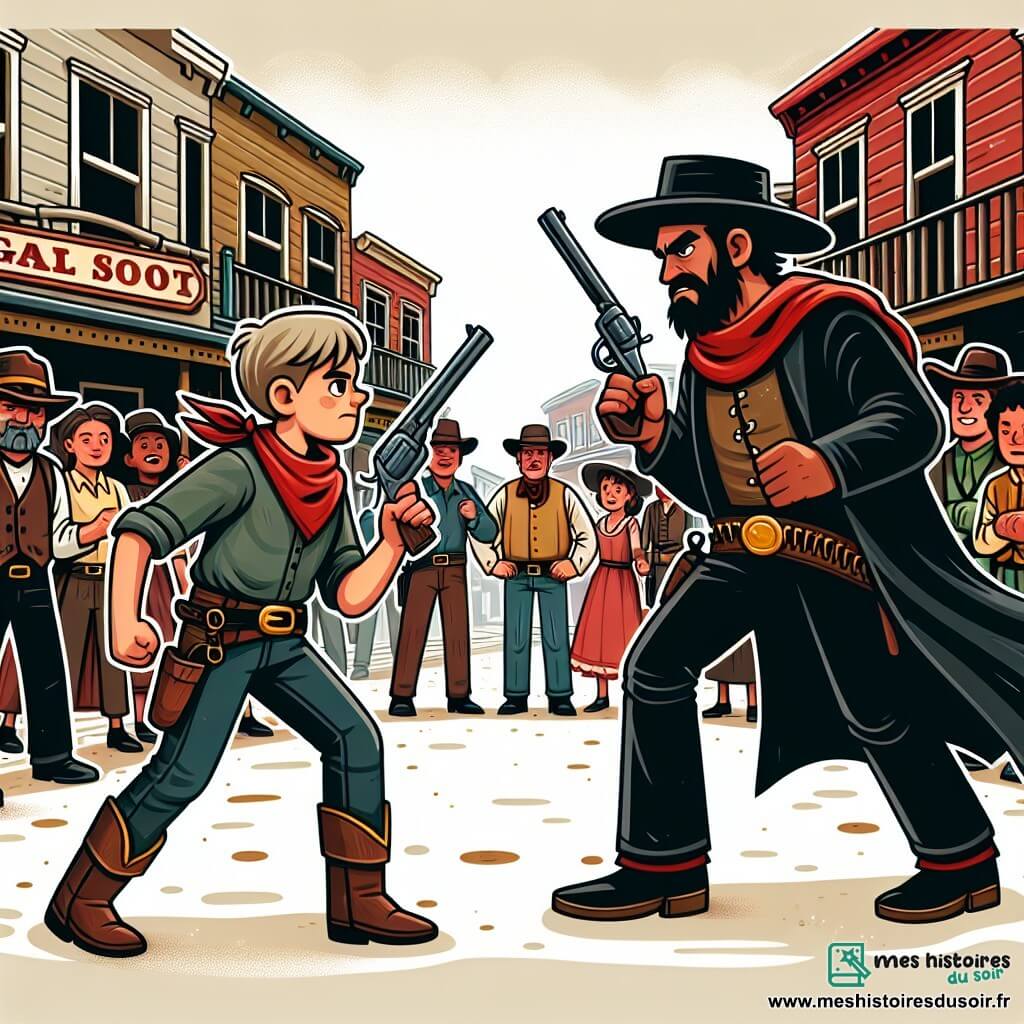 Une illustration destinée aux enfants représentant un jeune cow-boy courageux affrontant un redoutable bandit lors d'un duel épique, dans la rue principale d'une petite ville de l'Ouest sauvage, entouré de spectateurs admiratifs.