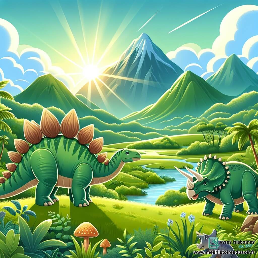 Une illustration destinée aux enfants représentant un stégosaure majestueux et impressionnant, accompagné d'un tricératops garçon, se déroulant dans une vallée verdoyante et ensoleillée remplie de plantes luxuriantes et de dinosaures colorés.