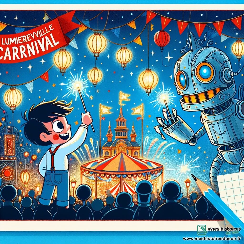 Une illustration destinée aux enfants représentant un garçon créatif et courageux, sur le point de sauver le carnaval de Lumièreville en affrontant une créature mécanique, sous un ciel azuré illuminé par des lanternes festives et des étoiles scintillantes.