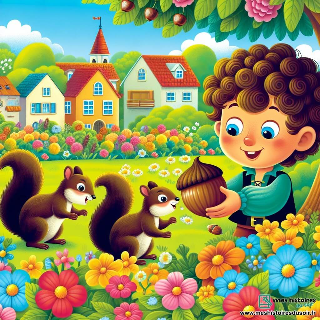 Une illustration destinée aux enfants représentant un petit garçon aux boucles brunes, un jardin coloré rempli de fleurs odorantes, des écureuils en train de se disputer une noisette géante, et un village aux maisons colorées sous un ciel ensoleillé.