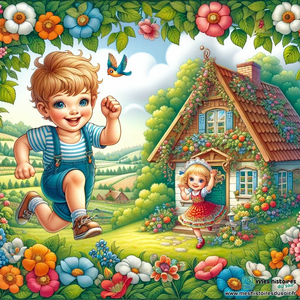 Une illustration destinée aux enfants représentant un petit garçon énergique en train de passer des vacances d'été enchantées à la campagne, accompagné de sa sœur Marie, dans une petite maison chaleureuse entourée de champs verdoyants et de fleurs colorées.