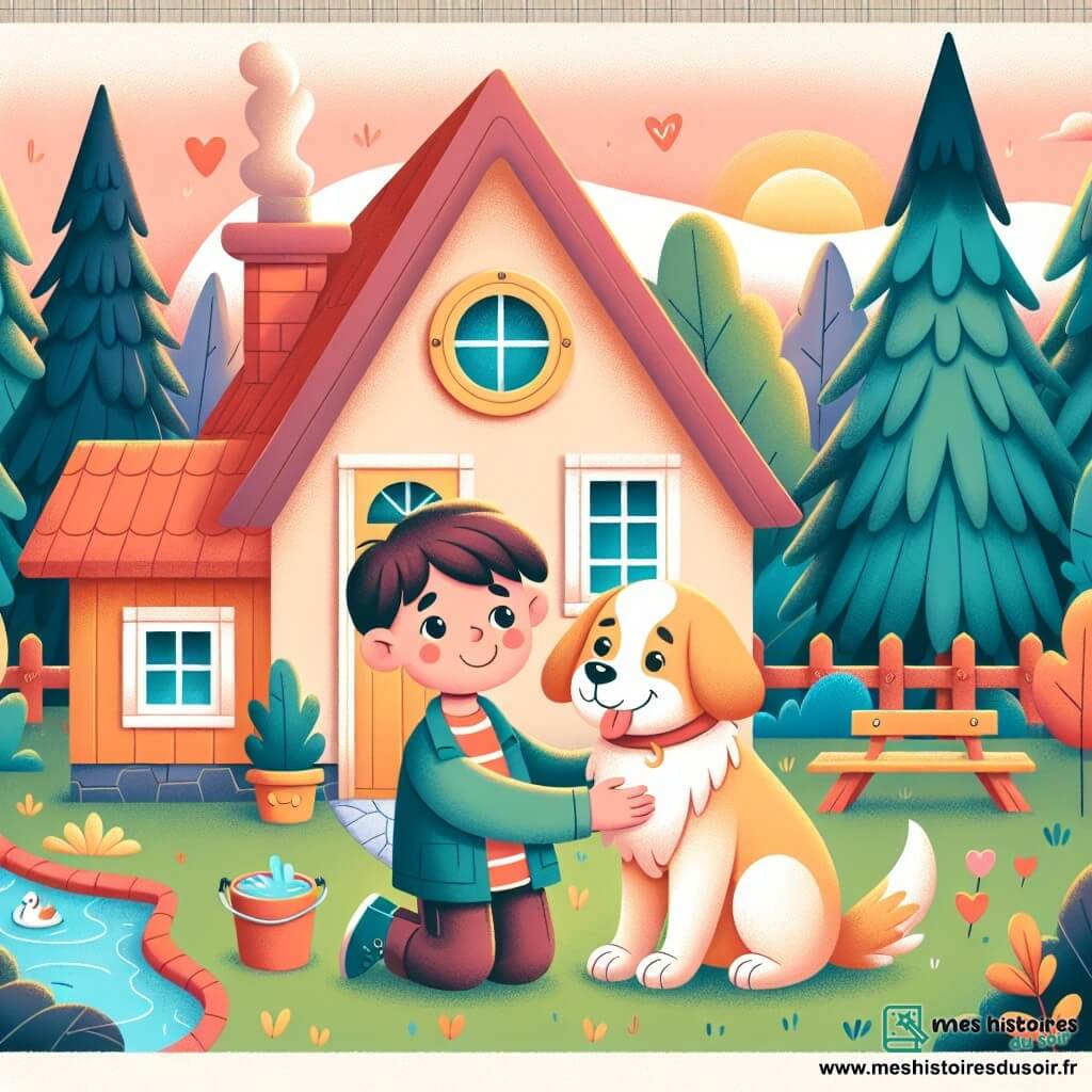 Une illustration destinée aux enfants représentant un garçon vivant une séparation familiale, accompagné de son chien fidèle, dans une jolie maison en bordure de la forêt.
