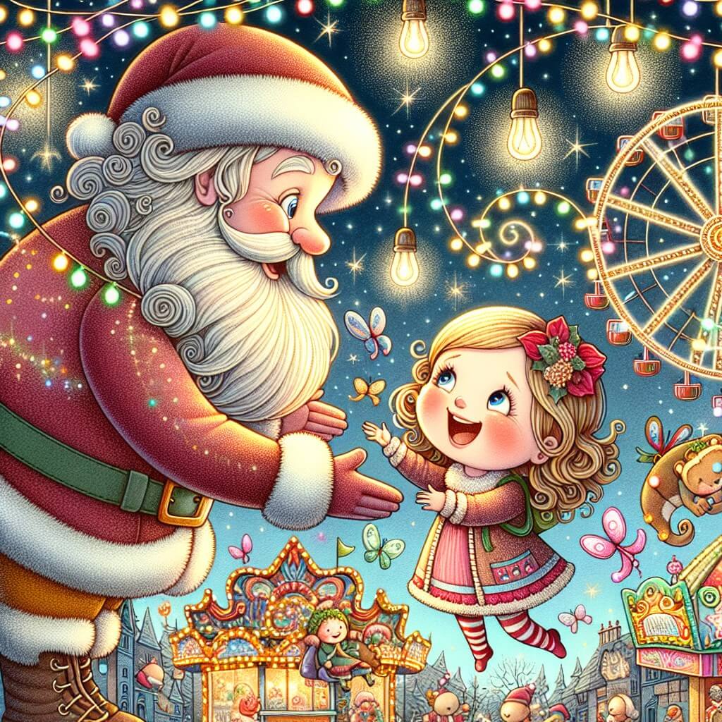 Une illustration destinée aux enfants représentant une petite fille joyeuse, entourée de lumières scintillantes et de manèges colorés, rencontrant le Père Noël maladroit dans une foire de Noël enchantée.