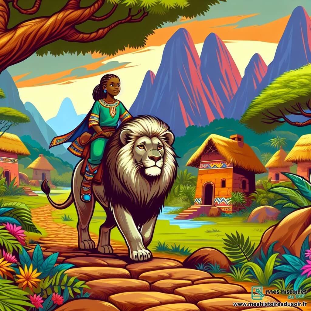Une illustration destinée aux enfants représentant une jeune femme courageuse affrontant des épreuves aux côtés d'un lion majestueux, sur le sentier escarpé de la Montagne des Étoiles, dans un village africain aux couleurs chatoyantes.
