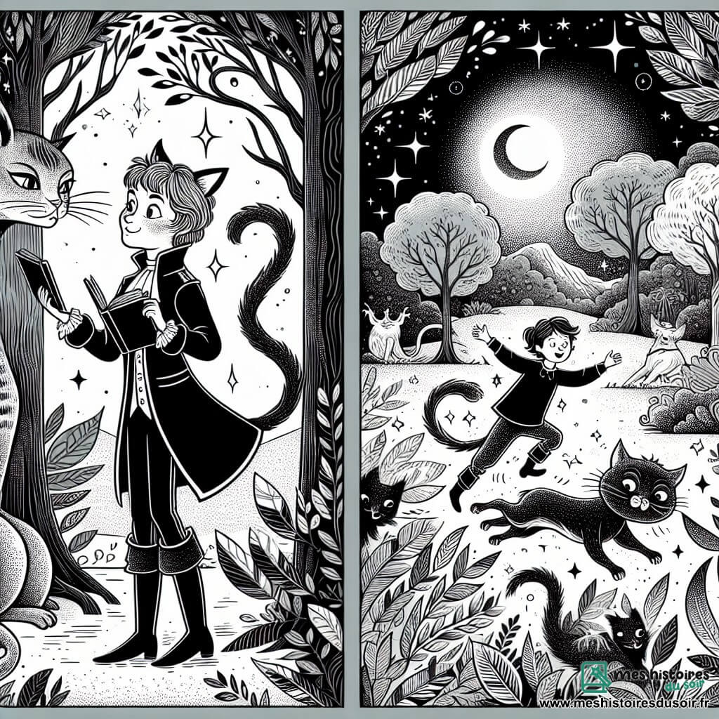 Une illustration destinée aux enfants représentant un chat botté rusé et élégant, un jeune garçon curieux, une forêt enchantée aux arbres chuchotant des secrets anciens et des créatures fantastiques dansant sous la lueur des étoiles.