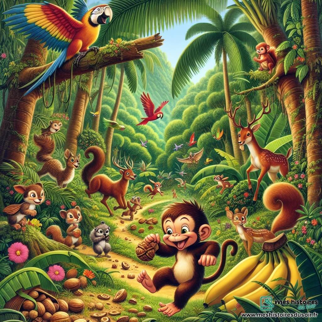 Une illustration destinée aux enfants représentant un petit singe malicieux organisant une course de noix avec ses amis animaux dans la luxuriante forêt de Bananapolis.