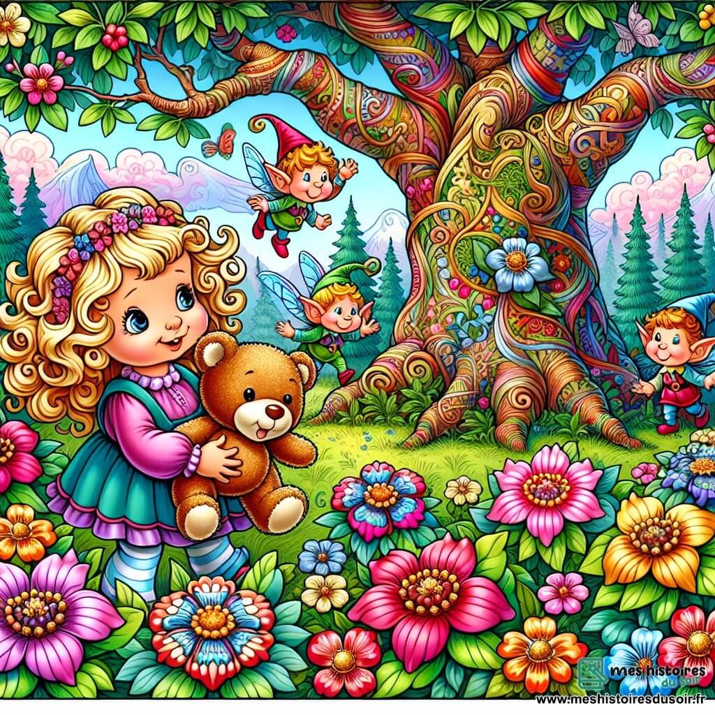 Une illustration destinée aux enfants représentant une petite fille aux boucles d'or, cherchant son doudou disparu avec l'aide de lutins malicieux, dans un jardin enchanté aux fleurs multicolores et au vieux chêne majestueux.