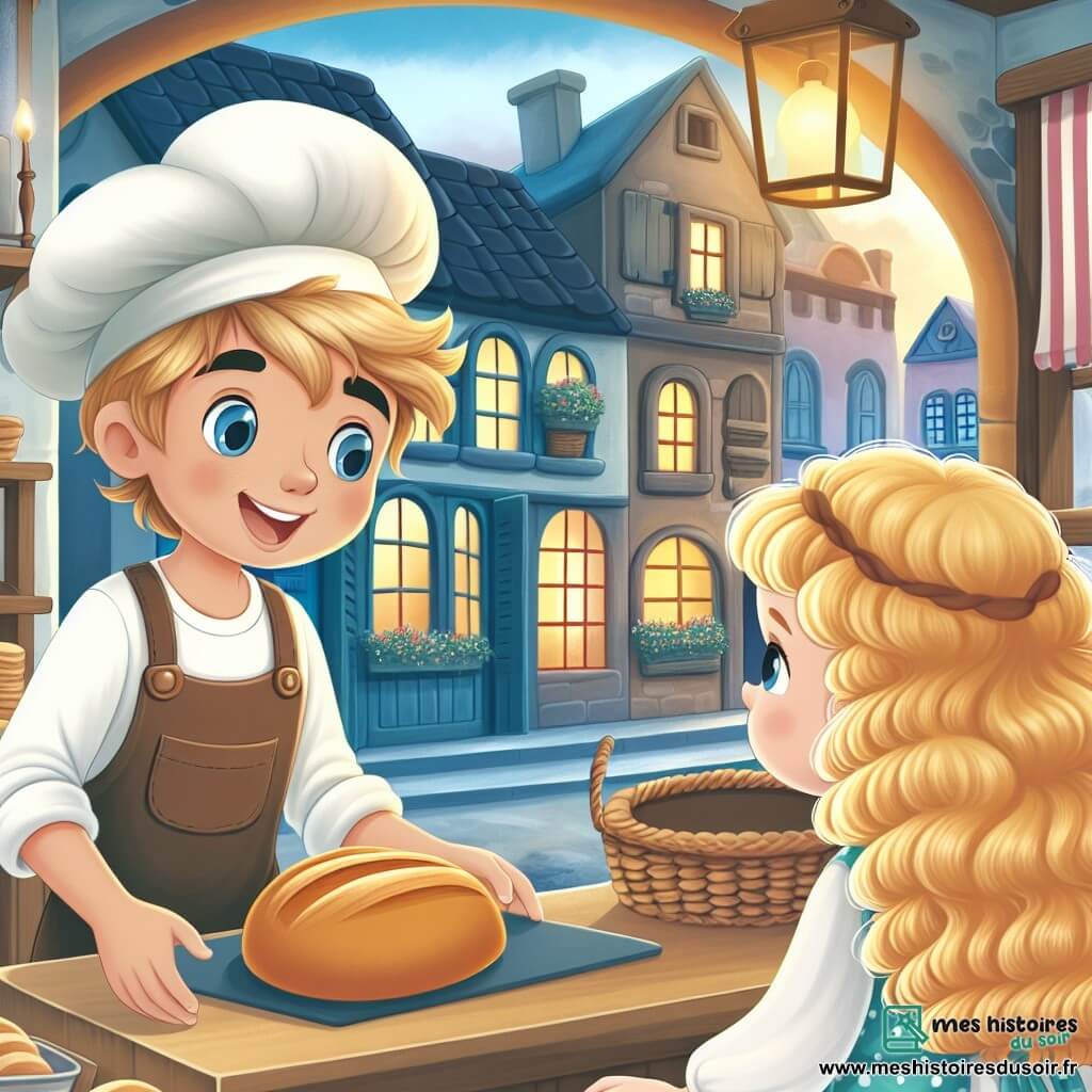 Une illustration destinée aux enfants représentant un boulanger passionné, un garçon, travaillant dans sa chaleureuse boulangerie en plein cœur d'un village pittoresque, accueillant une fillette curieuse aux boucles blondes.