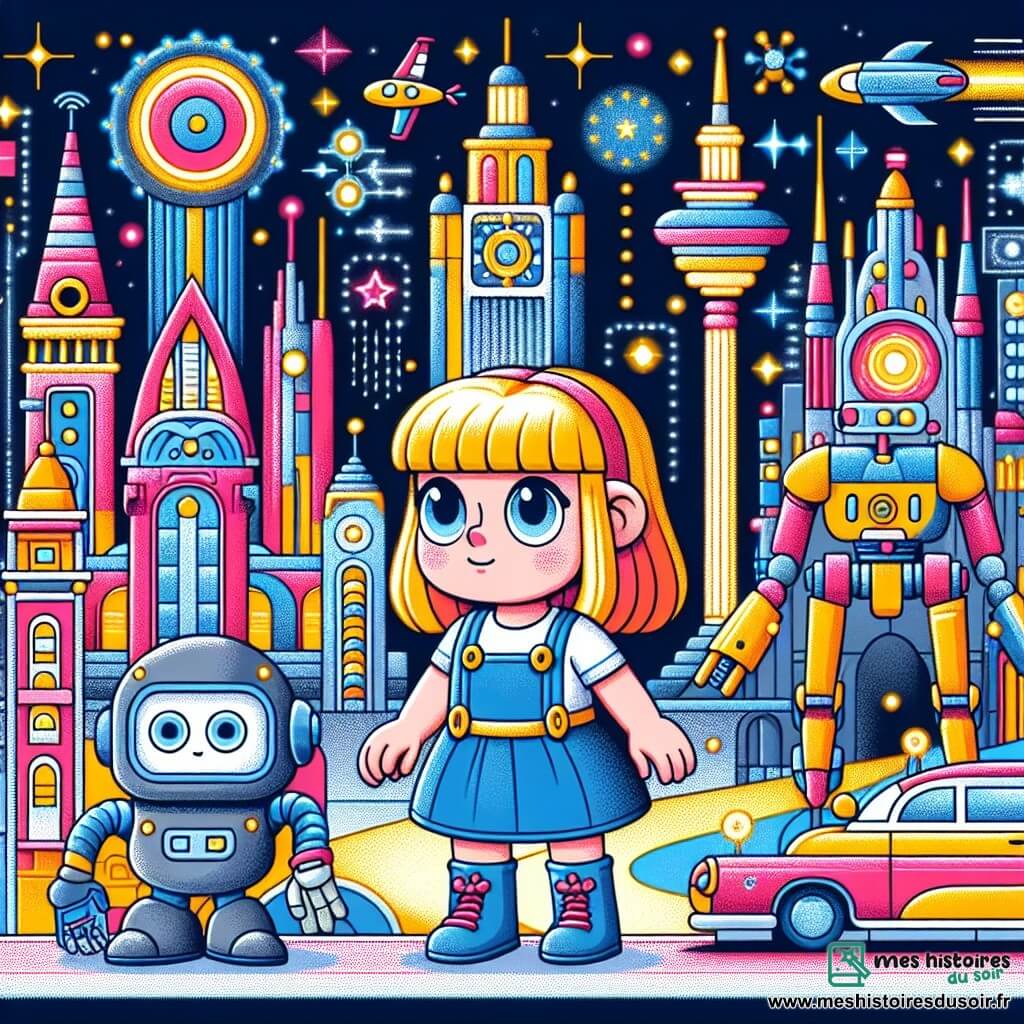 Une illustration destinée aux enfants représentant une petite fille vivant dans une ville futuriste pleine de lumières colorées, accompagnée d'un robot étrange, se déroulant dans la magnifique cité d'Arcadia, où les immeubles touchaient le ciel et les voitures volaient dans les airs.