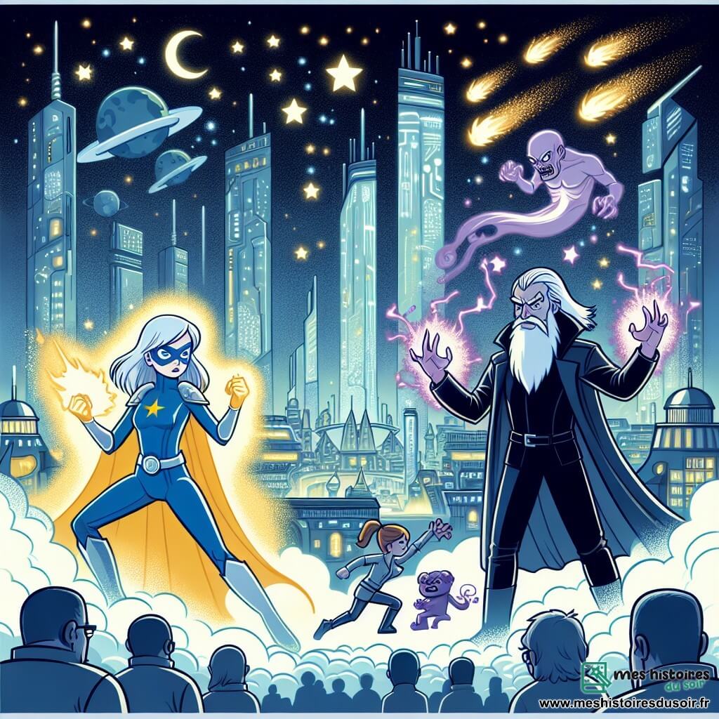 Une illustration destinée aux enfants représentant une super-héroïne aux pouvoirs élémentaires affrontant un scientifique maléfique, dans la ville futuriste de Nébula, où les tours scintillent comme des étoiles dans le ciel nocturne.