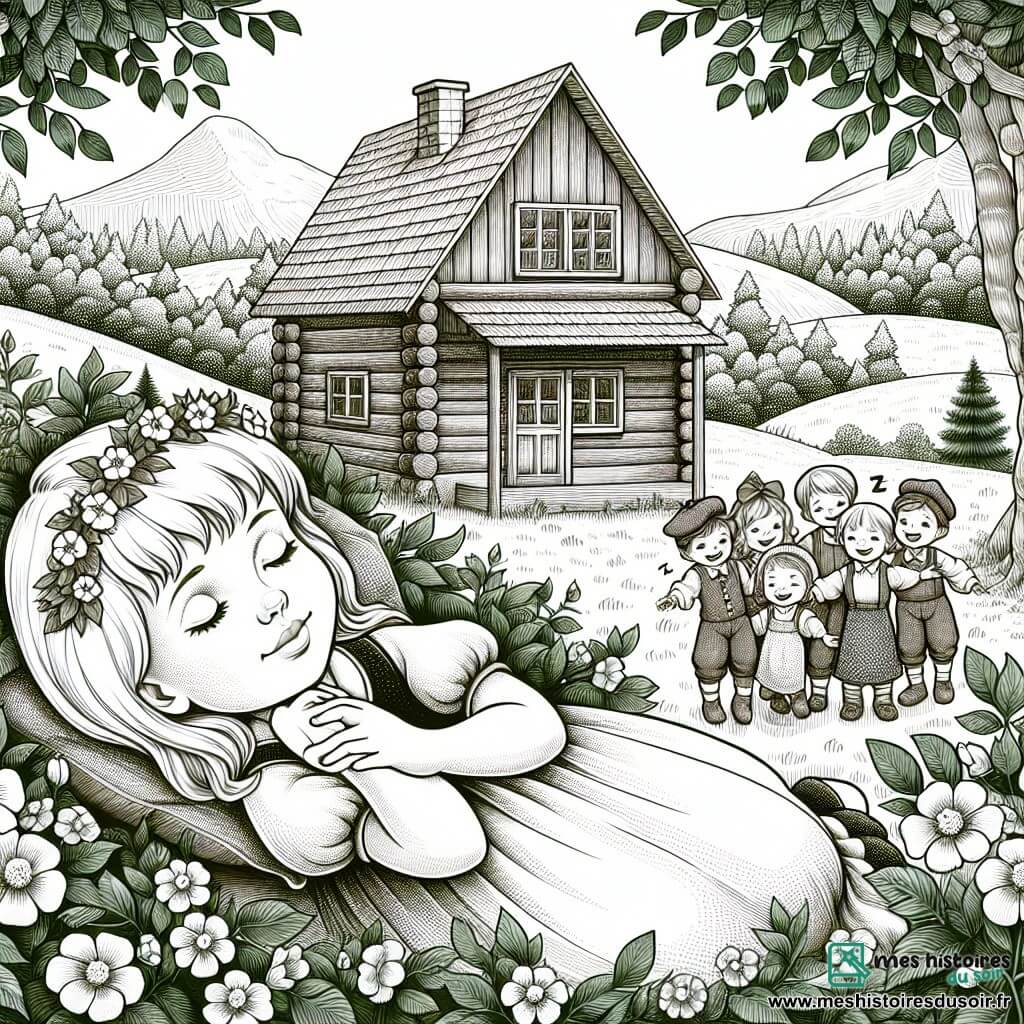Une illustration destinée aux enfants représentant une jeune fille au teint de porcelaine, endormie sous l'ombre bienveillante d'une maison en bois enchâssée dans une clairière verdoyante, entourée de sept nains joyeux.