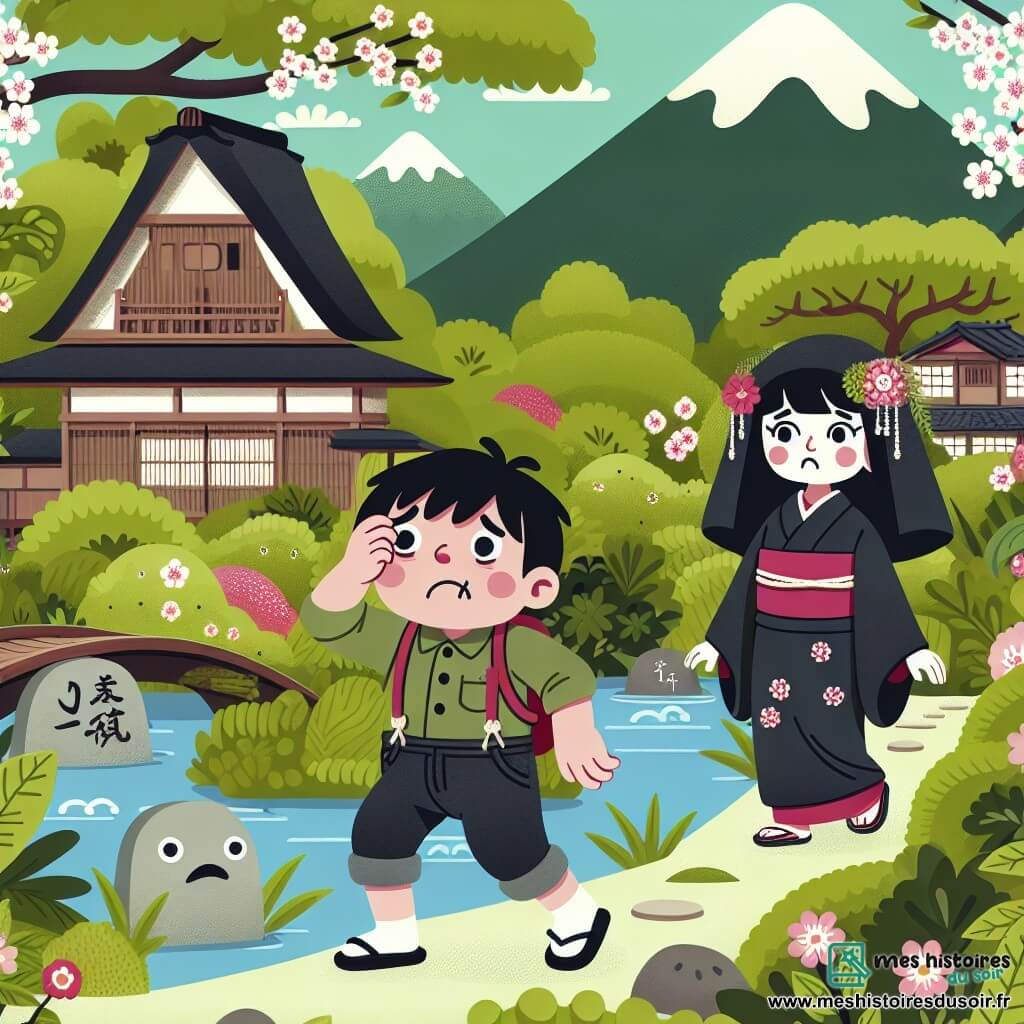 Une illustration destinée aux enfants représentant un homme maladroit se retrouvant perdu dans une forêt enchantée, accompagné d'une mystérieuse femme obake, dans un village japonais entouré de montagnes verdoyantes et de cerisiers en fleurs.