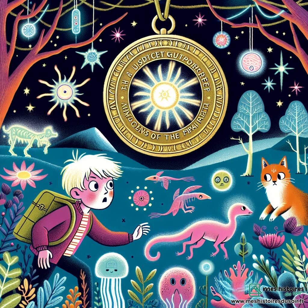 Une illustration destinée aux enfants représentant un jeune garçon intrépide découvrant un médaillon magique qui le transporte sur une planète lointaine remplie de créatures étranges, avec des arbres fluorescents, des fleurs scintillantes et des animaux qui brillent dans le noir.
