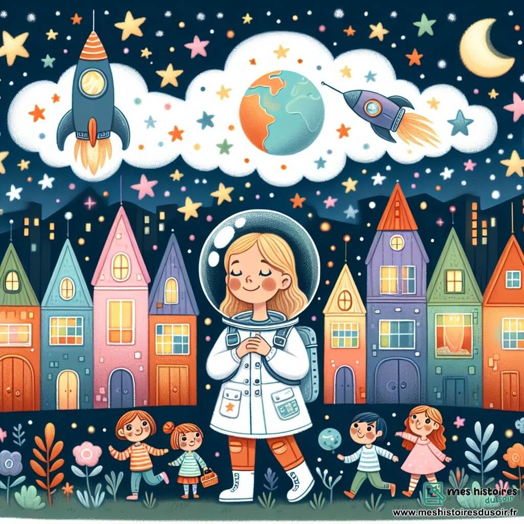 Une illustration destinée aux enfants représentant une jeune femme rêveuse devenir astronaute, accompagnée de ses amis curieux, dans la petite ville enchantée de Lumière-sur-Ciel, où les maisons colorées brillent comme des étoiles dans le ciel nocturne.