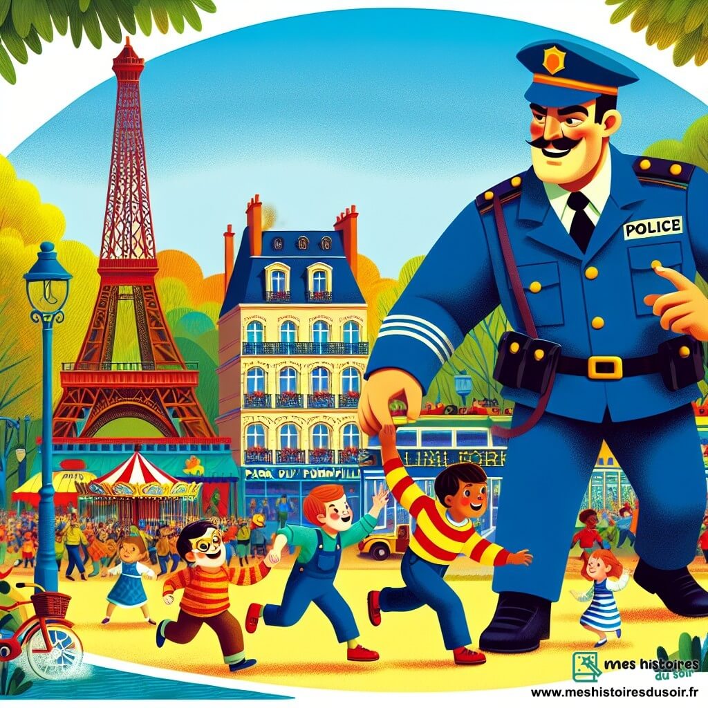 Une illustration destinée aux enfants représentant un policier grand et fort, aidant des enfants à attraper un voleur dans un parc coloré et animé de Pommeville.