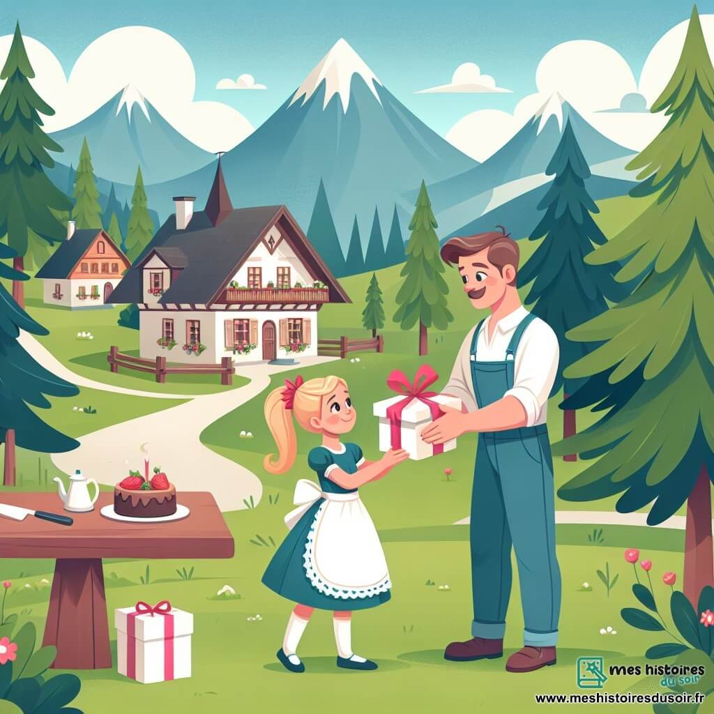 Une illustration destinée aux enfants représentant une fille préparant une surprise pour son papa, avec l'aide de sa maman, dans un petit village paisible entouré de montagnes verdoyantes et d'arbres majestueux.