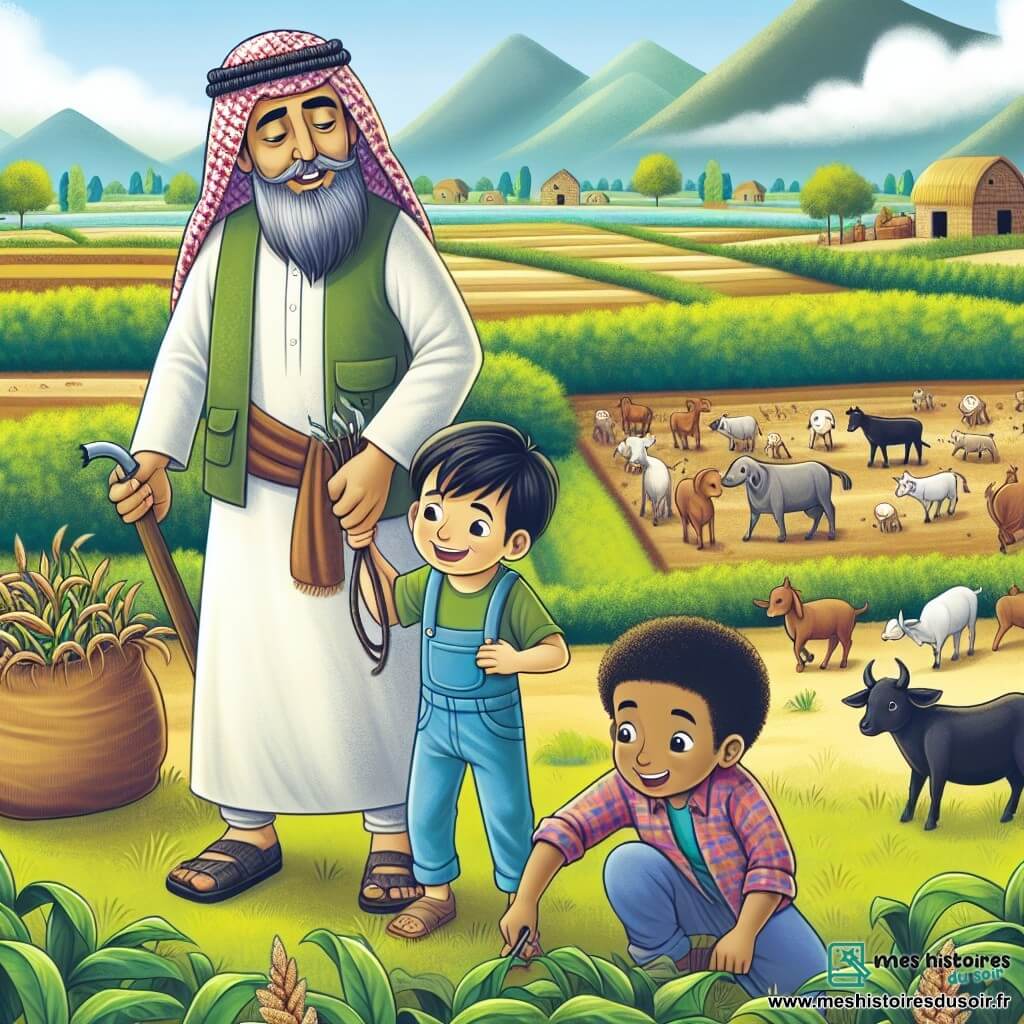 Une illustration destinée aux enfants représentant un homme passionné par l'agriculture, accompagné d'une fillette espiègle et d'un garçon curieux, travaillant ensemble dans une ferme paisible entourée de vastes champs verdoyants et d'animaux joyeux.