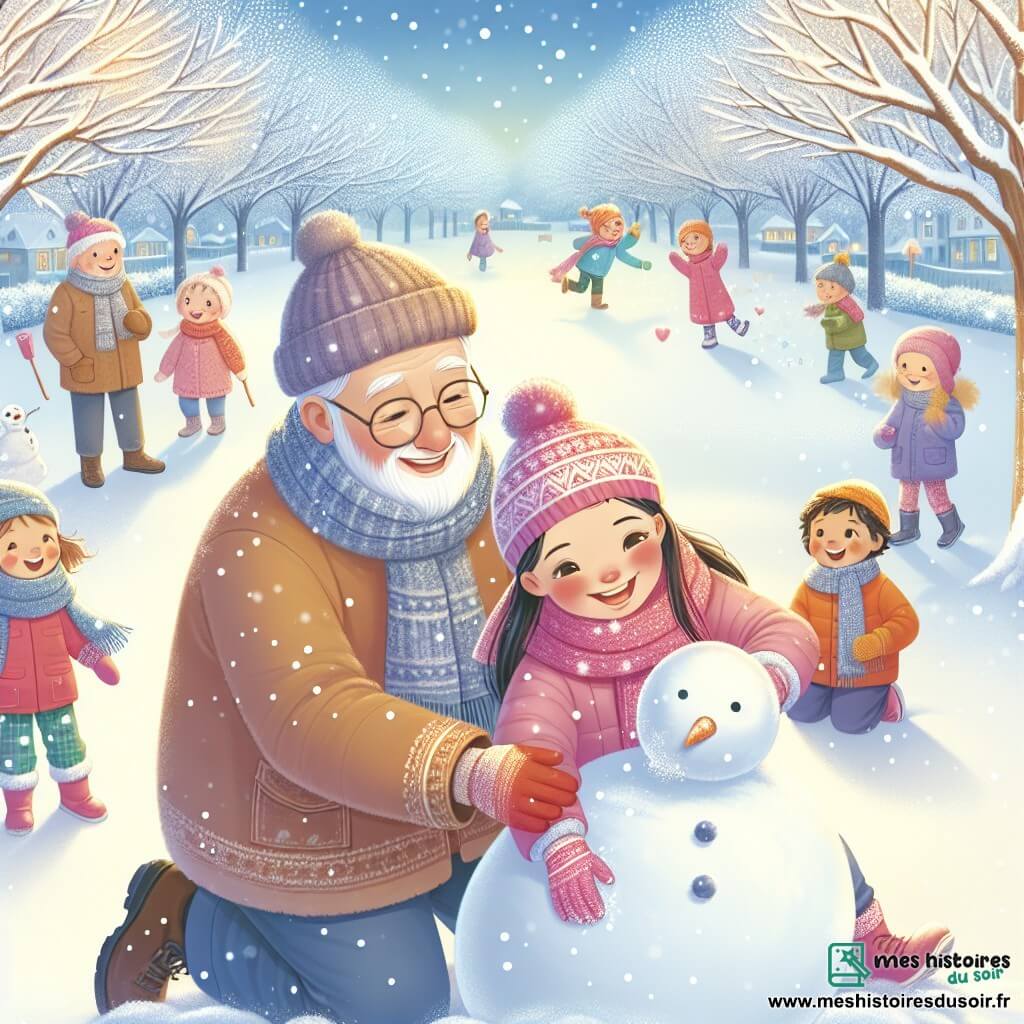 Une illustration destinée aux enfants représentant une fillette joyeuse construisant un bonhomme de neige avec l'aide d'un gentil vieil homme, dans un parc enneigé aux arbres recouverts de neige scintillante et aux enfants rieurs s'amusant en arrière-plan.