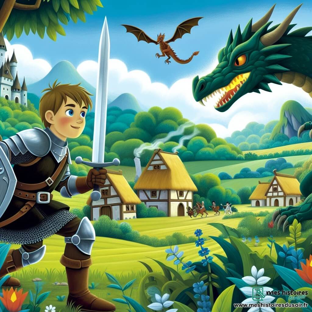 Une illustration destinée aux enfants représentant un chevalier intrépide, prêt à affronter un dragon redoutable, dans un village entouré de champs verdoyants et de forêts mystérieuses.