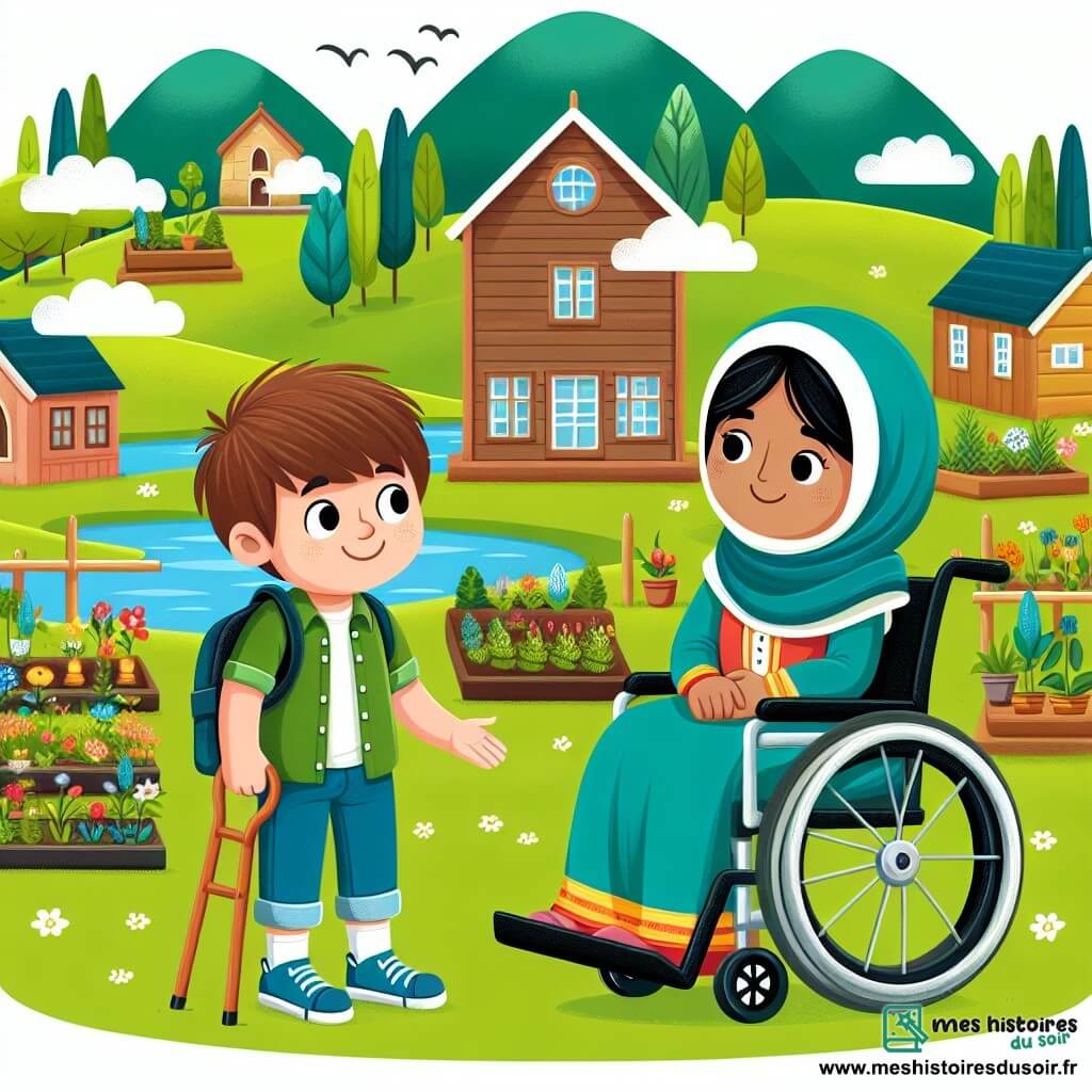 Une illustration destinée aux enfants représentant un garçon plein de vie rencontrant une jeune fille en fauteuil roulant dans un village paisible entouré de collines verdoyantes, où ils décident de créer un jardin inclusif ensemble.