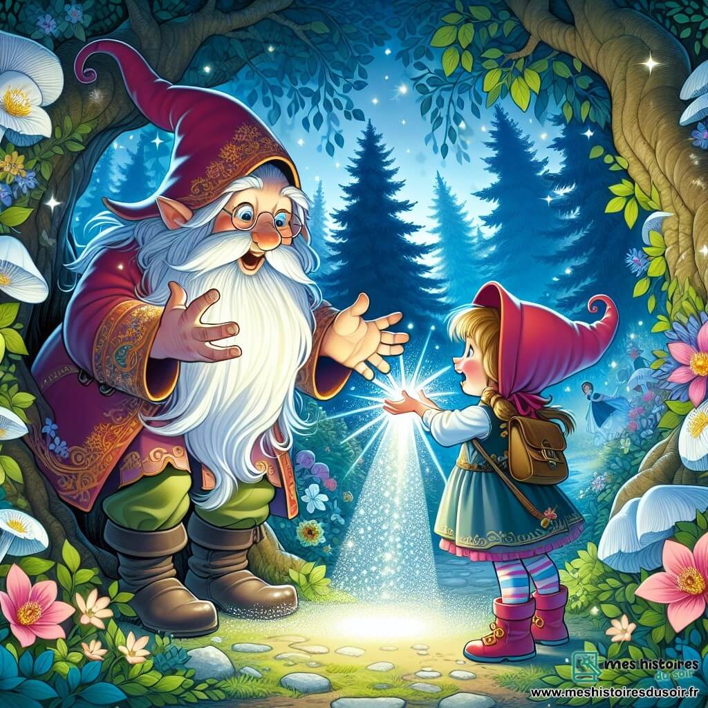 Une illustration destinée aux enfants représentant un lutin espiègle découvrant un monde enchanté aux côtés d'une petite fille curieuse, dans une clairière enchantée aux arbres majestueux et aux fleurs lumineuses.