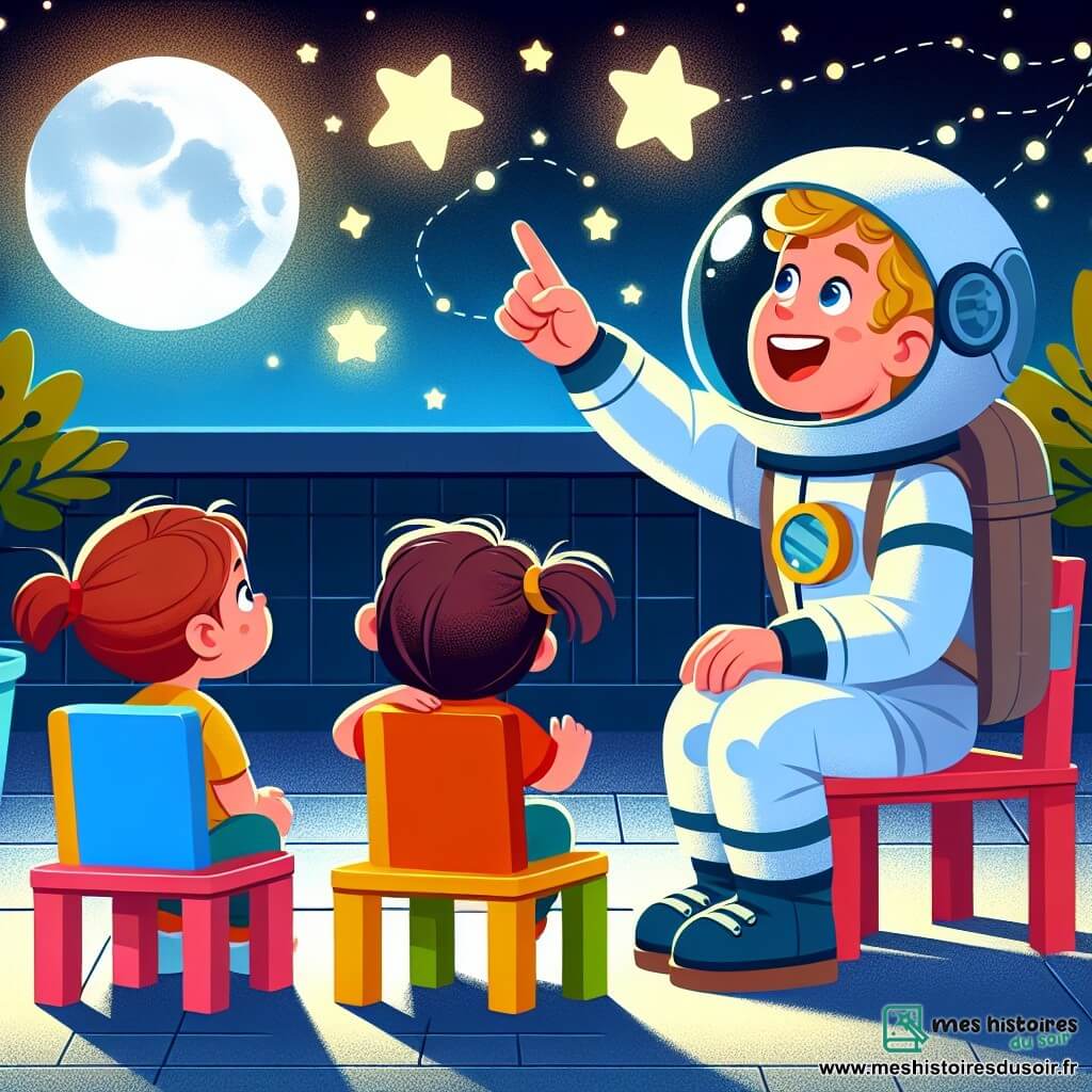 Une illustration destinée aux enfants représentant un astronaute passionné observant les étoiles avec deux enfants curieux, assis sur des chaises colorées, dans une cour éclairée par la douce lueur de la lune.
