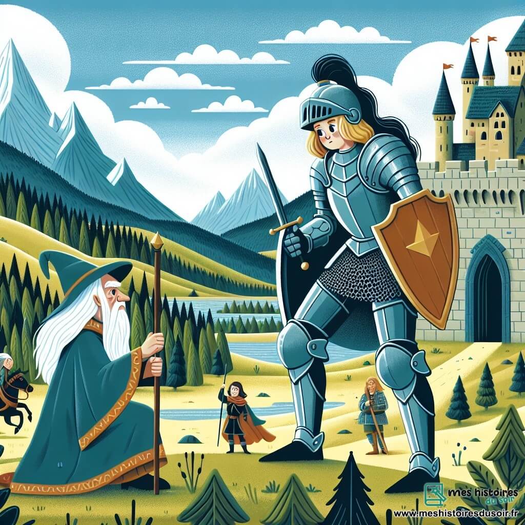 Une illustration destinée aux enfants représentant une jeune chevalière intrépide se préparant à affronter une armée ennemie pour protéger son château, accompagnée d'un vieux sorcier sage, dans un royaume médiéval aux vastes forêts verdoyantes et aux majestueuses montagnes en arrière-plan.