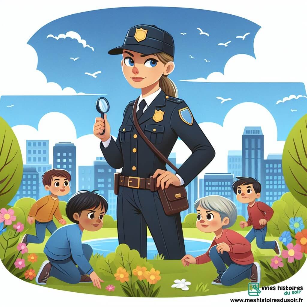 Une illustration destinée aux enfants représentant une courageuse policière, entourée d'enfants curieux, enquêtant au parc de la ville, sous un ciel bleu parsemé de nuages blancs, avec des arbres verts et des fleurs colorées en arrière-plan.