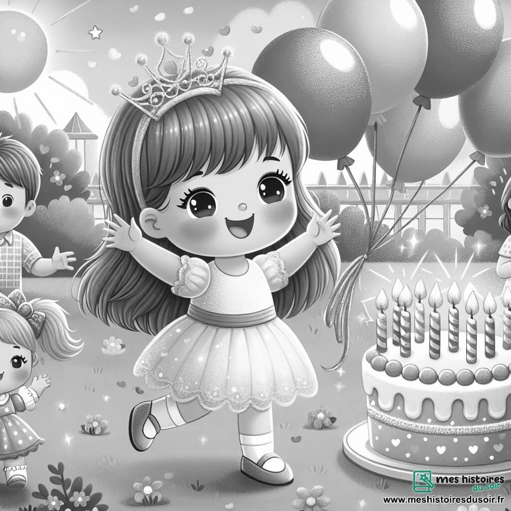 Une illustration destinée aux enfants représentant une petite fille joyeuse célébrant son anniversaire avec sa famille dans un jardin ensoleillé, entourée de ballons colorés, d'une poupée étincelante et d'un gâteau décoré de bougies scintillantes.