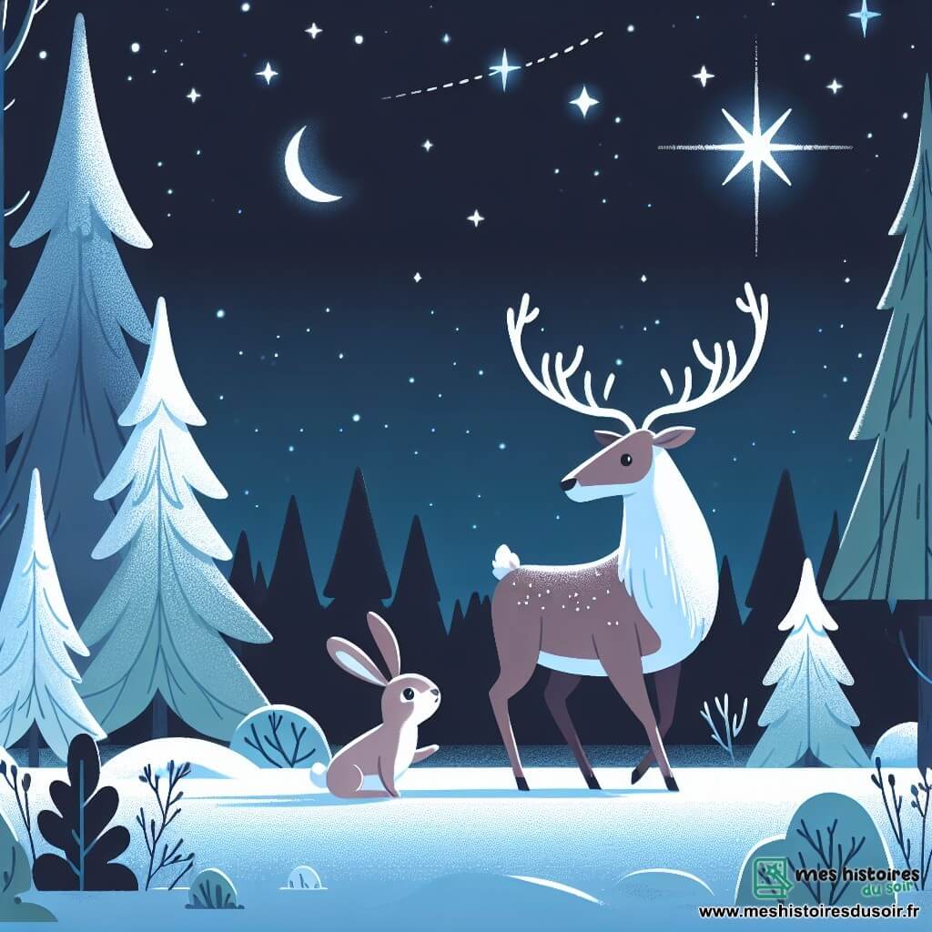 Une illustration destinée aux enfants représentant un renne majestueux et sage, accompagné d'un jeune lapin timide, explorant une vaste forêt enneigée illuminée par la lueur des étoiles.