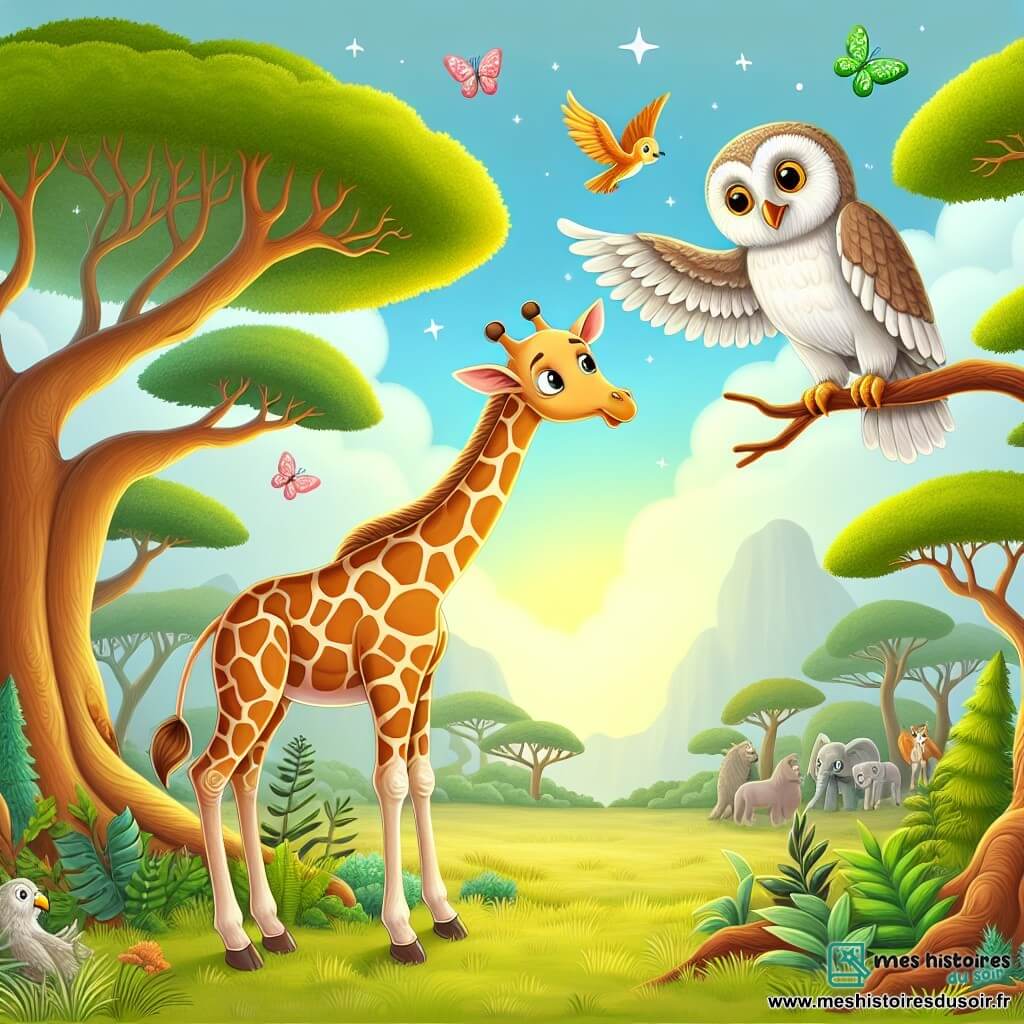 Une illustration destinée aux enfants représentant une élégante girafe curieuse, une rencontre magique avec un vieux hibou sage et vénérable, au cœur d'une luxuriante forêt aux arbres immenses et aux couleurs chatoyantes de la savane africaine.