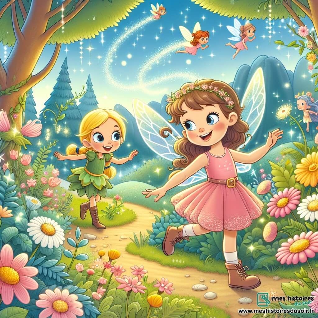 Une illustration destinée aux enfants représentant une charmante fée aux ailes étincelantes, accompagnée d'une jeune fille curieuse, évoluant dans un royaume des fées aux fleurs dansantes et aux arbres parlants.